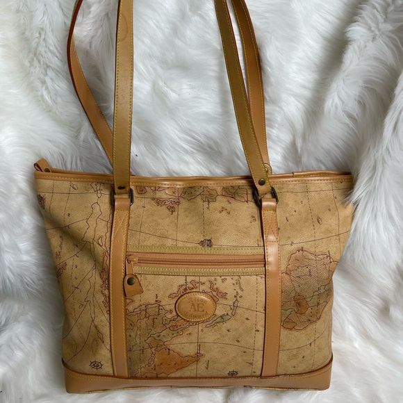 Allan Edward Handbags - Allan Edward world map leather/ Vinyl tote bag with antique tone hardware